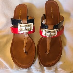 Tommy Hilfiger blue and red strapped cork wedged shoes